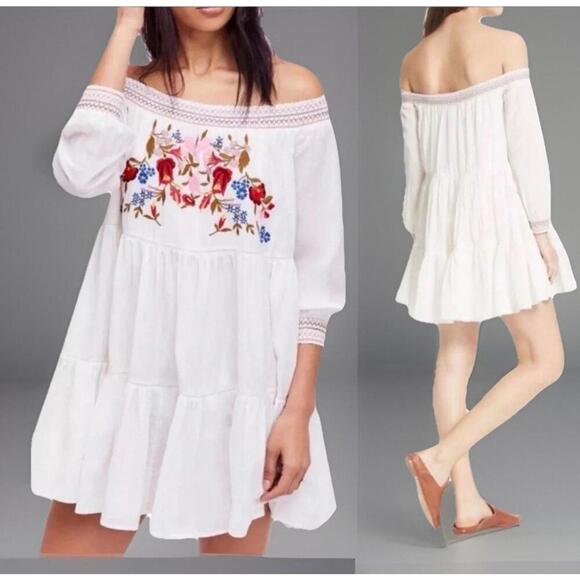Free People Sunbeams White Dress M Off The Shoulder Mini Floral Embroidery - Picture 3 of 10